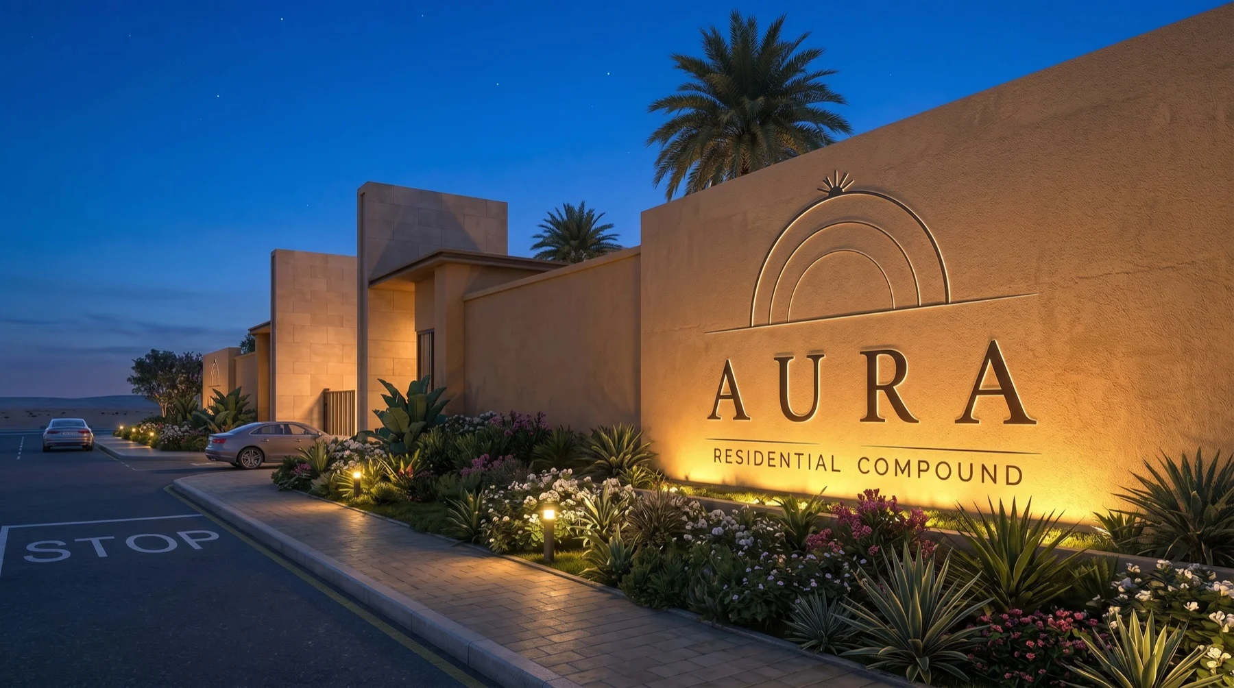 AURA residential compound entrance, architectural visual